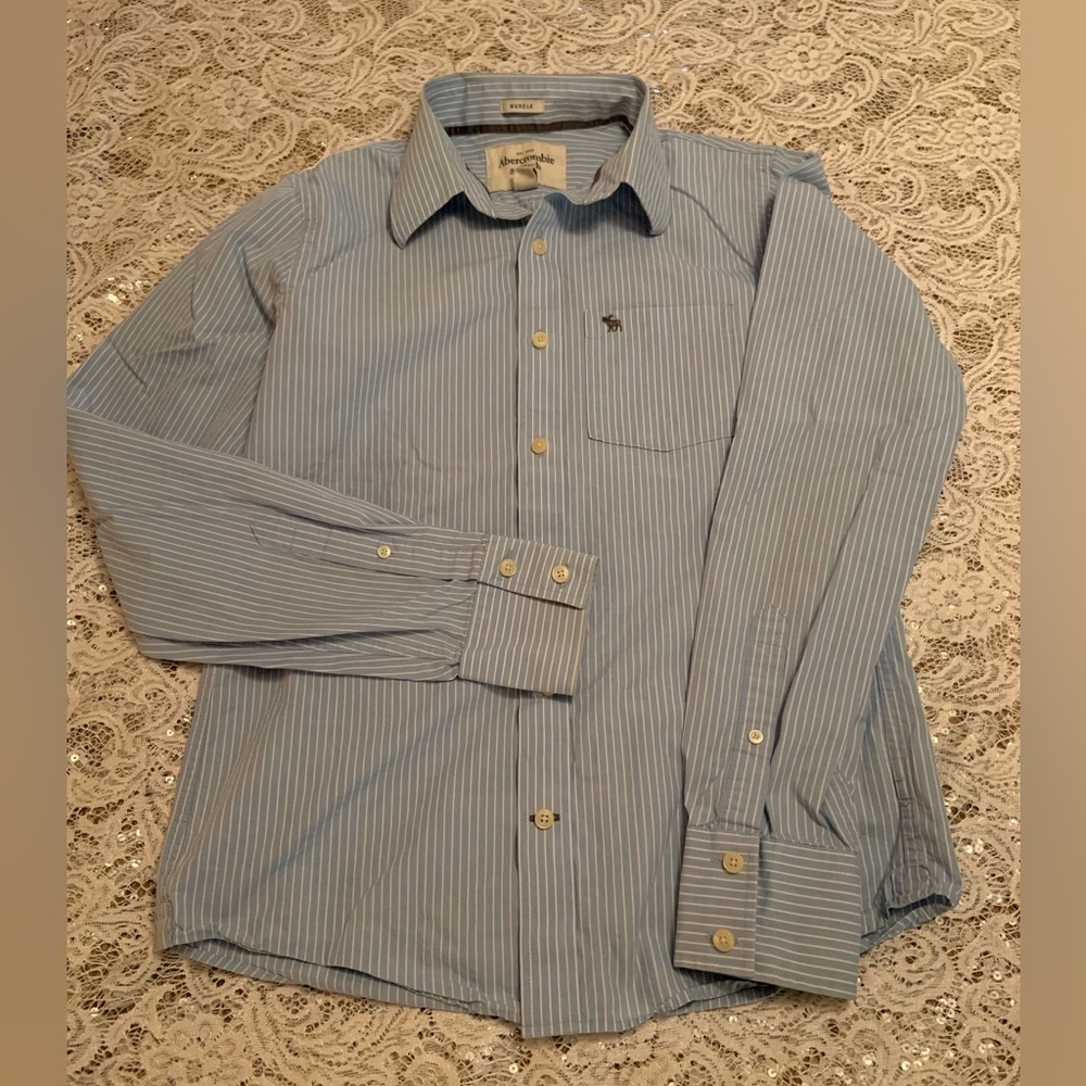 Abercrombie & Fitch/men’s muscle shirt size M Lt. blue and white pin striped
